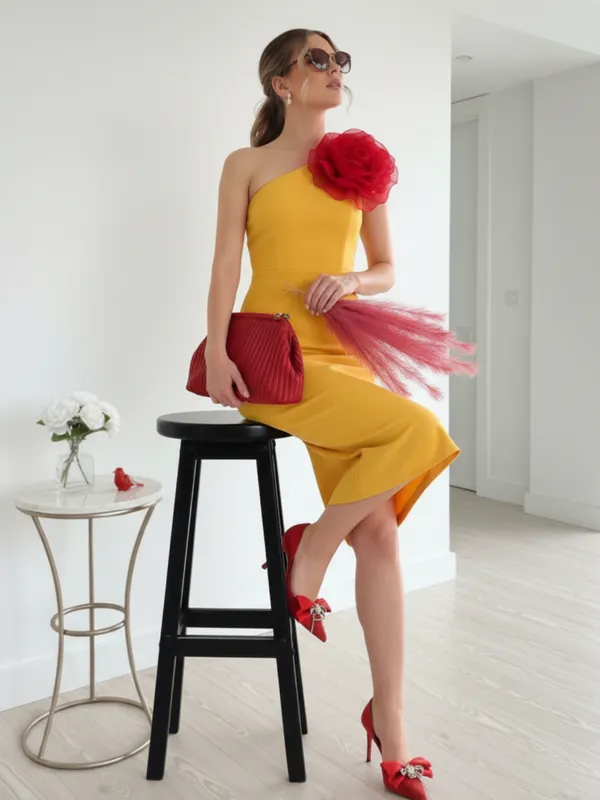 Mustard_Yellow_One-Shoulder_Midi_Dress_With_Statement_Rose_Detail_For_Women|_Model_Height_5.8inch_,_Fabric_All_Way_Stretchable