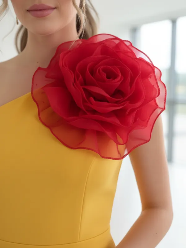 Mustard_Yellow_One-Shoulder_Midi_Dress_With_Statement_Rose_Detail_For_Women|_Model_Height_5.8inch_,_Fabric_All_Way_Stretchable