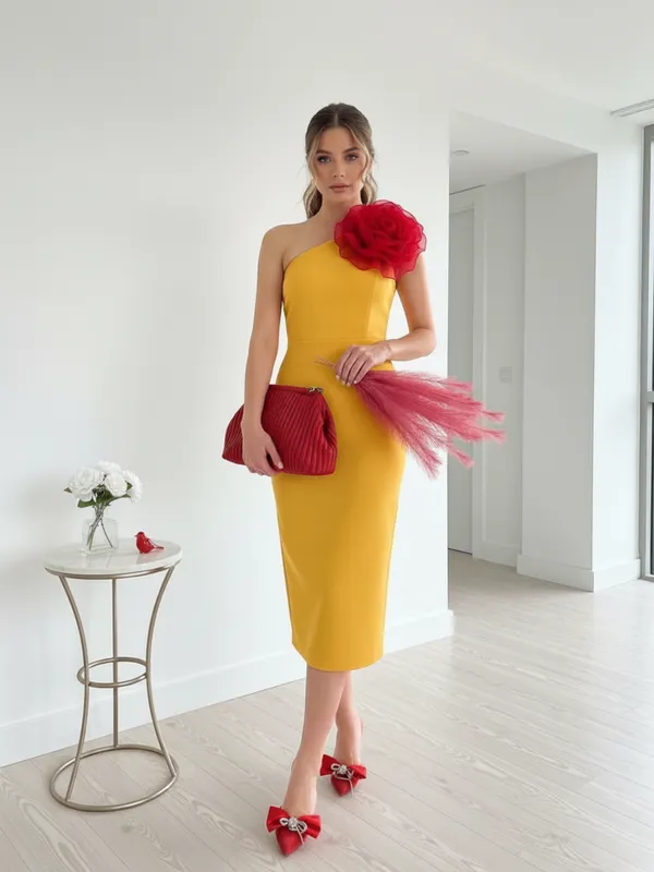 Mustard_Yellow_One-Shoulder_Midi_Dress_With_Statement_Rose_Detail_For_Women|_Model_Height_5.8inch_,_Fabric_All_Way_Stretchable