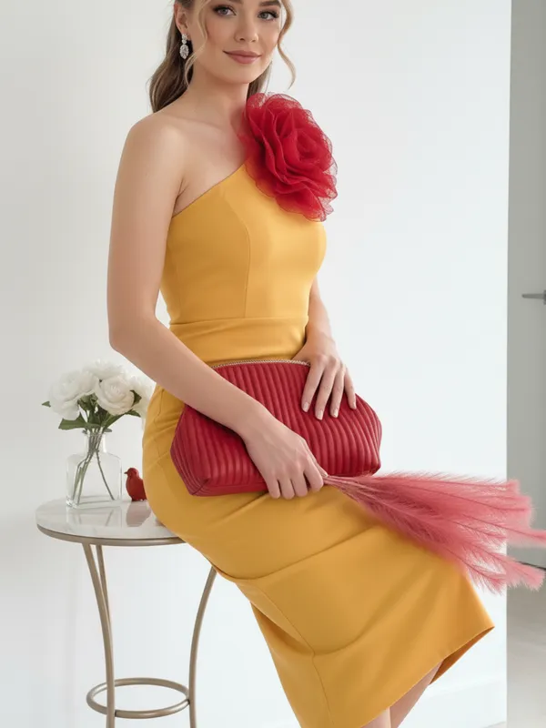 Mustard_Yellow_One-Shoulder_Midi_Dress_With_Statement_Rose_Detail_For_Women|_Model_Height_5.8inch_,_Fabric_All_Way_Stretchable