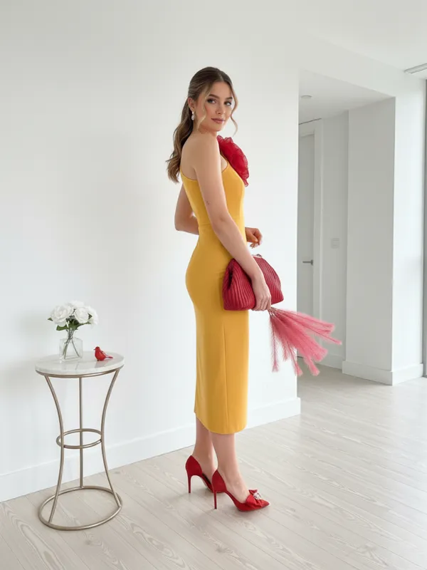 Mustard_Yellow_One-Shoulder_Midi_Dress_With_Statement_Rose_Detail_For_Women|_Model_Height_5.8inch_,_Fabric_All_Way_Stretchable