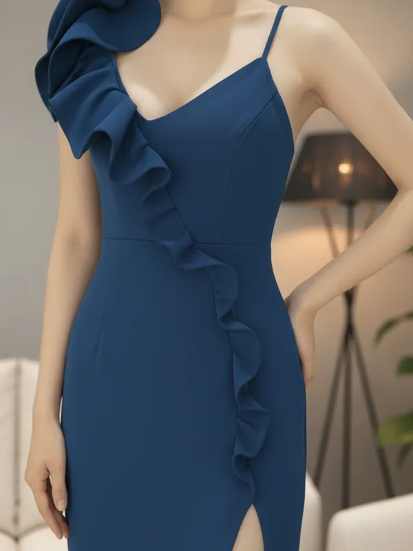 Ekeshwara_Airforce_Blue_One-Shoulder_Ruffle_Slit_Midi_Dress|_Model_Height_5.8inch_,_Fabric_All_Way_Stretchable