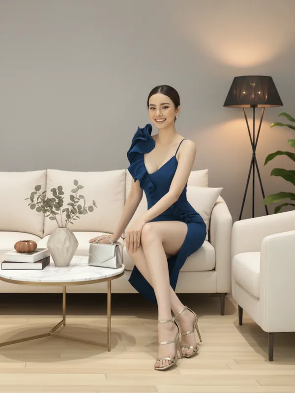 Ekeshwara_Airforce_Blue_One-Shoulder_Ruffle_Slit_Midi_Dress|_Model_Height_5.8inch_,_Fabric_All_Way_Stretchable