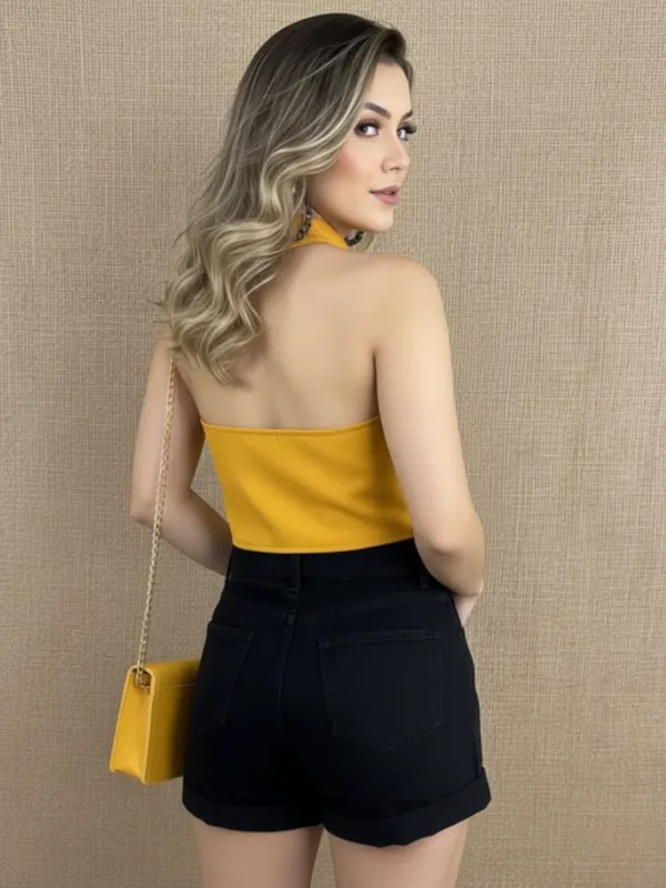 Mustard_Yellow_High_Neck_Cut-Out_Button_Detail_Crop_Top_For_Women|_Model_Height_5.8inch_,_Fabric_All_Way_Stretchable