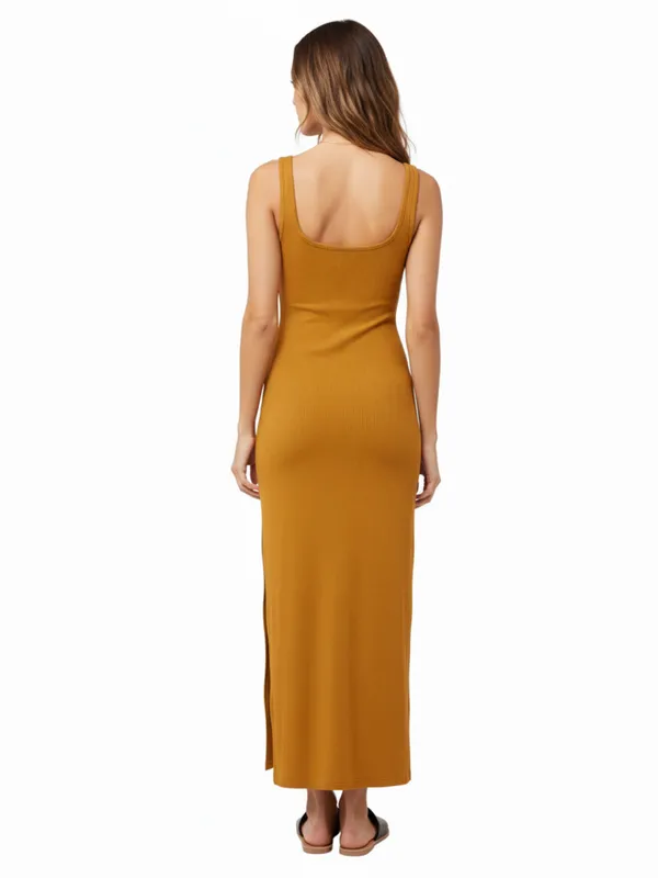 Mustard_Yellow_Ribbed_Sleeveless_Side_Slit_Maxi_Dress_For_Women|_Model_Height_5.8inch_,_Fabric_All_Way_Stretchable