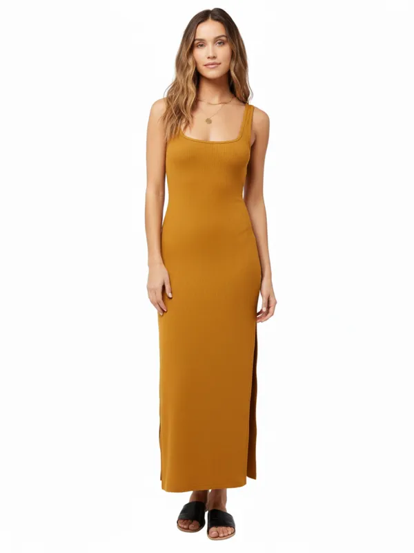 Mustard_Yellow_Ribbed_Sleeveless_Side_Slit_Maxi_Dress_For_Women|_Model_Height_5.8inch_,_Fabric_All_Way_Stretchable