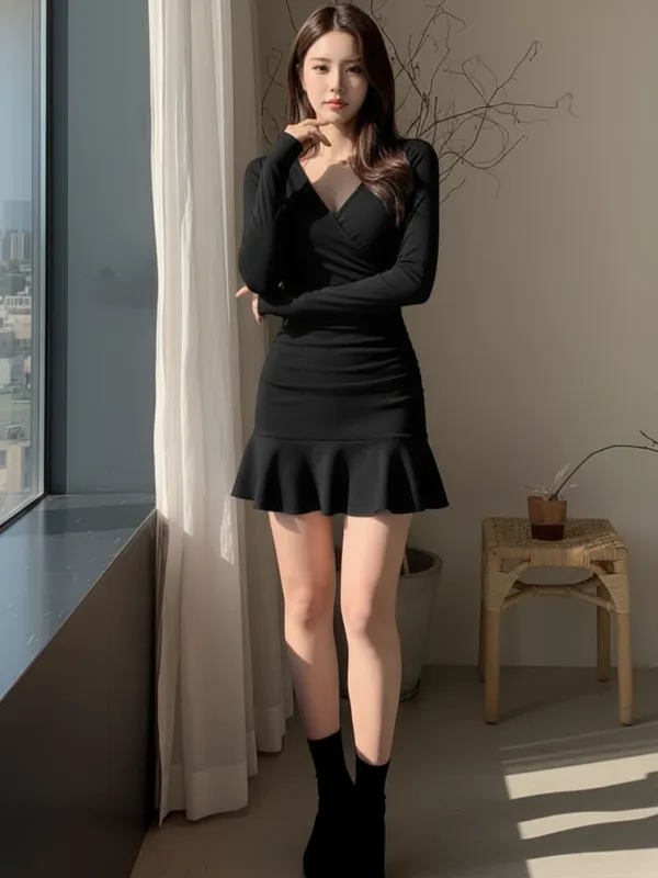 Ekeshwara_Black_Ribbed_Knit_Bodycon_Mini_Dress_with_Flare_Hem|_Model_Height_5.8inch_,_Fabric_All_Way_Stretchable