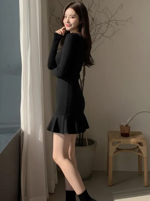 Ekeshwara_Black_Ribbed_Knit_Bodycon_Mini_Dress_with_Flare_Hem|_Model_Height_5.8inch_,_Fabric_All_Way_Stretchable