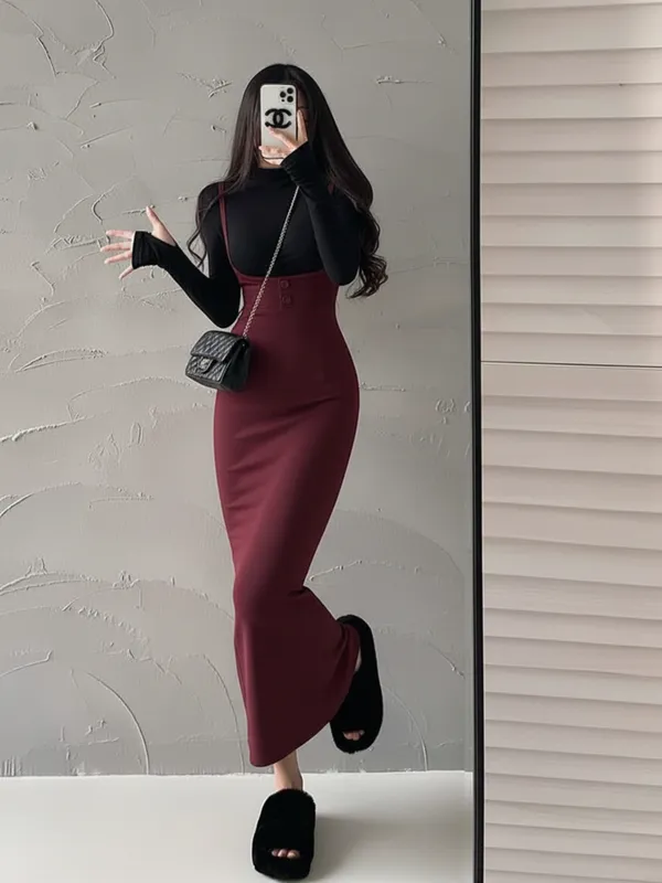 Maroon_High-Waist_Pinafore_Maxi_Dress_With_Fitted_Inner_Top_For_Women|_Model_Height_5.8inch_,_Fabric_All_Way_Stretchable