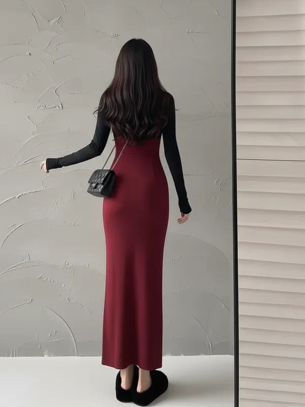 Maroon_High-Waist_Pinafore_Maxi_Dress_With_Fitted_Inner_Top_For_Women|_Model_Height_5.8inch_,_Fabric_All_Way_Stretchable
