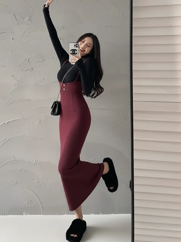 Maroon_High-Waist_Pinafore_Maxi_Dress_With_Fitted_Inner_Top_For_Women|_Model_Height_5.8inch_,_Fabric_All_Way_Stretchable