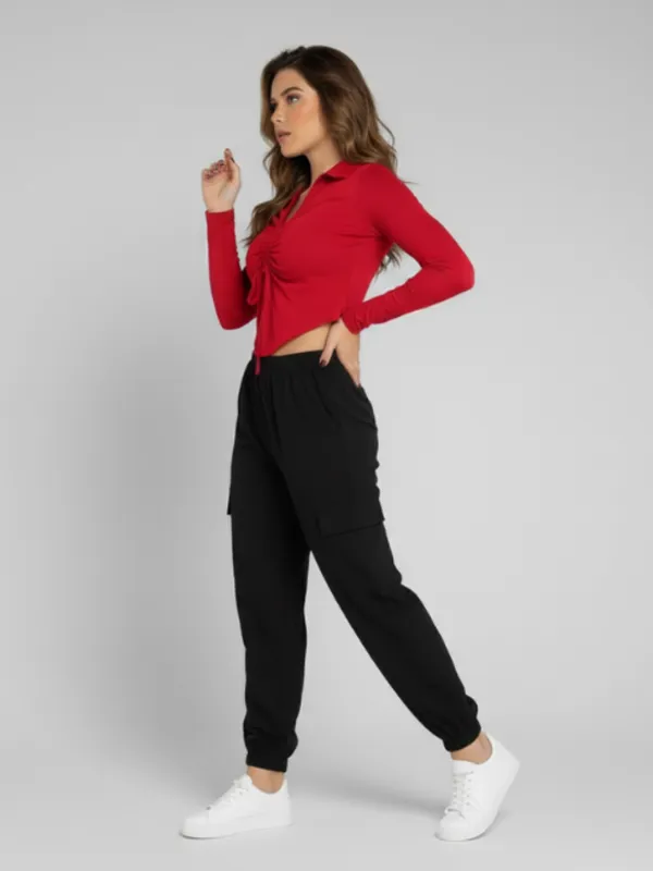 Red_Stylish_Drawstring_Crop_Top_&_Cargo_Jogger_Pants_Co-Ord_Set_For_Women|_Model_Height_5.8inch_,_Fabric_All_Way_Stretchable
