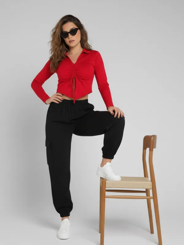 Red_Stylish_Drawstring_Crop_Top_&_Cargo_Jogger_Pants_Co-Ord_Set_For_Women|_Model_Height_5.8inch_,_Fabric_All_Way_Stretchable
