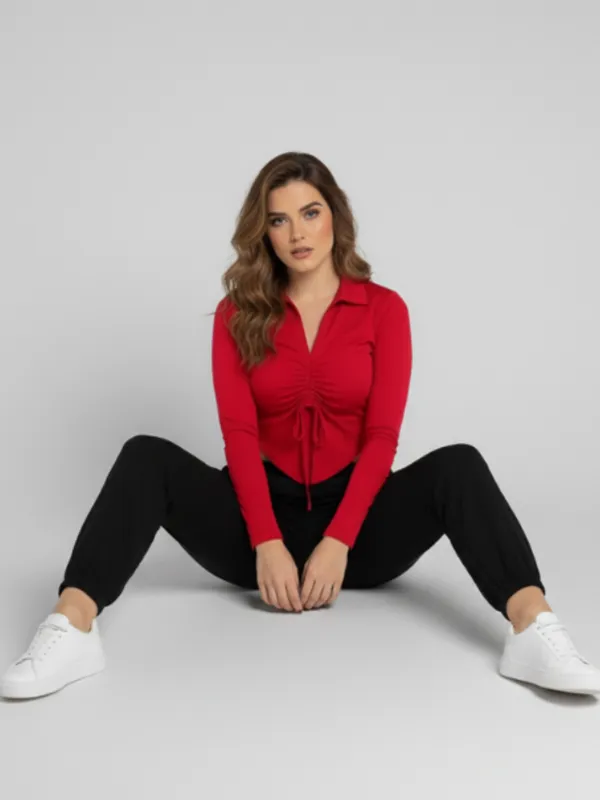 Red_Stylish_Drawstring_Crop_Top_&_Cargo_Jogger_Pants_Co-Ord_Set_For_Women|_Model_Height_5.8inch_,_Fabric_All_Way_Stretchable