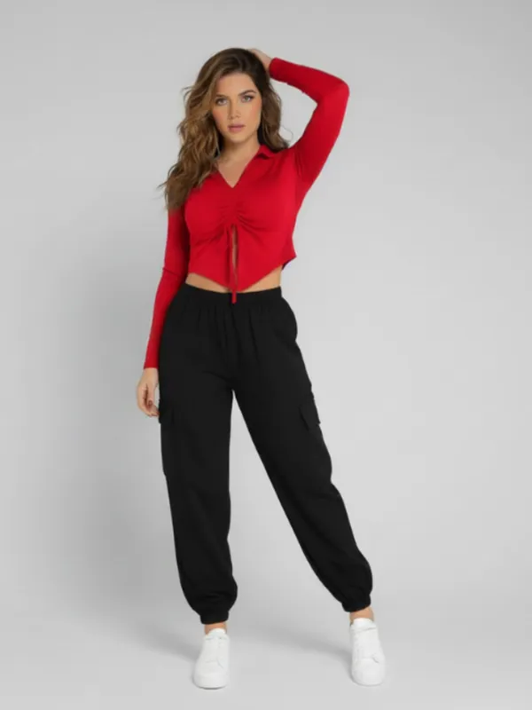 Red_Stylish_Drawstring_Crop_Top_&_Cargo_Jogger_Pants_Co-Ord_Set_For_Women|_Model_Height_5.8inch_,_Fabric_All_Way_Stretchable