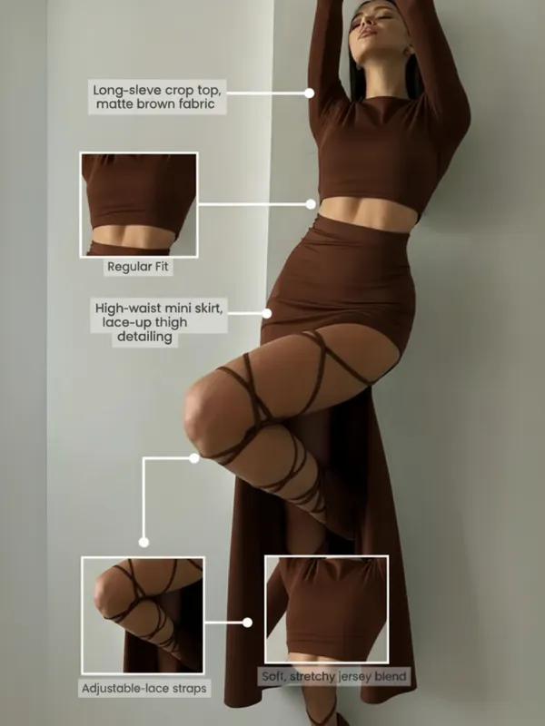 Brown_Long_Sleeve_Crop_Top_And_High_Slit_Skirt_Co-Ord_Set_For_Women|_Model_Height_5.8inch_,_Fabric_All_Way_Stretchable
