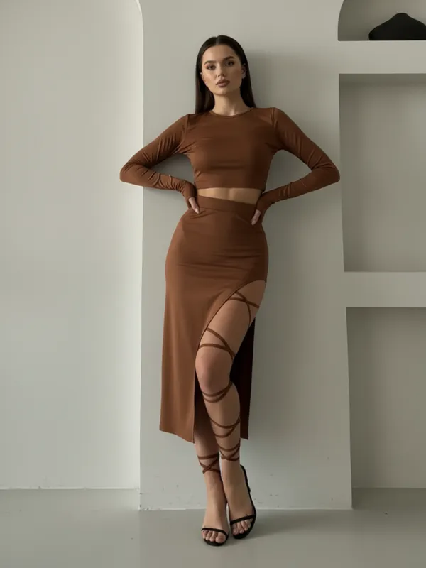 Brown_Long_Sleeve_Crop_Top_And_High_Slit_Skirt_Co-Ord_Set_For_Women|_Model_Height_5.8inch_,_Fabric_All_Way_Stretchable