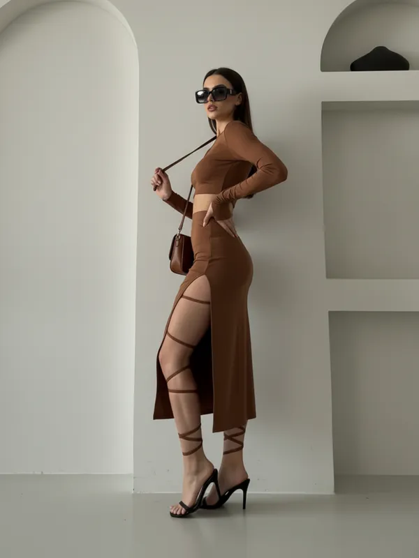 Brown_Long_Sleeve_Crop_Top_And_High_Slit_Skirt_Co-Ord_Set_For_Women|_Model_Height_5.8inch_,_Fabric_All_Way_Stretchable