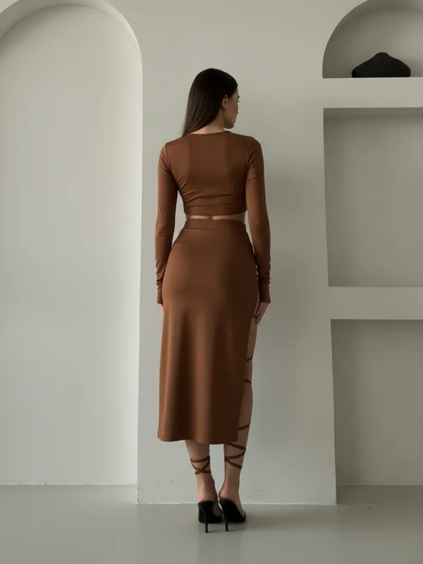 Brown_Long_Sleeve_Crop_Top_And_High_Slit_Skirt_Co-Ord_Set_For_Women|_Model_Height_5.8inch_,_Fabric_All_Way_Stretchable