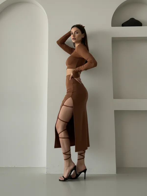 Brown_Long_Sleeve_Crop_Top_And_High_Slit_Skirt_Co-Ord_Set_For_Women|_Model_Height_5.8inch_,_Fabric_All_Way_Stretchable