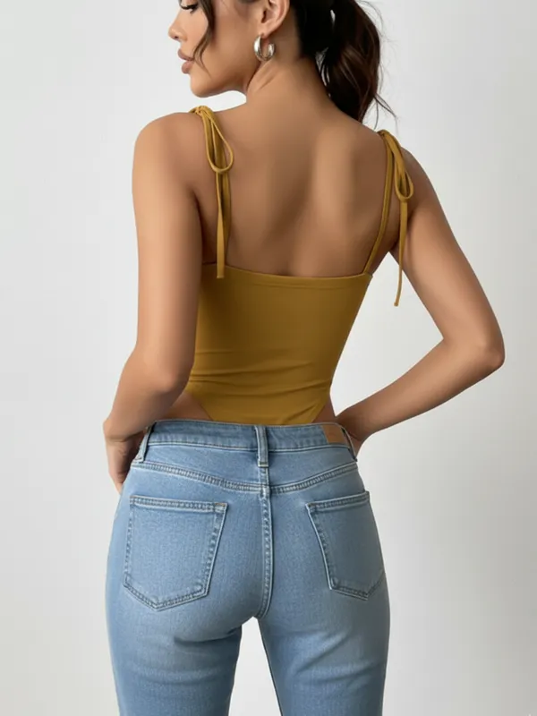 Mustard_Yellow_Tie_Strap_Square_Neck_Bodysuit_For_Women|_Model_Height_5.8inch_,_Fabric_All_Way_Stretchable