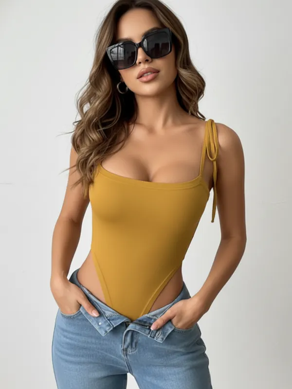 Mustard_Yellow_Tie_Strap_Square_Neck_Bodysuit_For_Women|_Model_Height_5.8inch_,_Fabric_All_Way_Stretchable