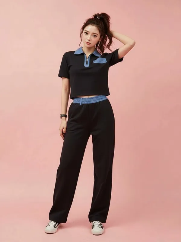 Black_Contrast_Polo_Co-Ord_Set_For_Women|_Model_Height_5.8inch_,_Fabric_All_Way_Stretchable