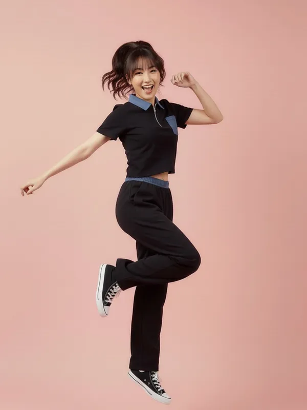 Black_Contrast_Polo_Co-Ord_Set_For_Women|_Model_Height_5.8inch_,_Fabric_All_Way_Stretchable