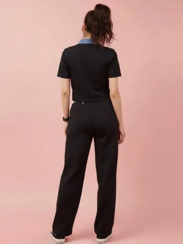 Black_Contrast_Polo_Co-Ord_Set_For_Women|_Model_Height_5.8inch_,_Fabric_All_Way_Stretchable