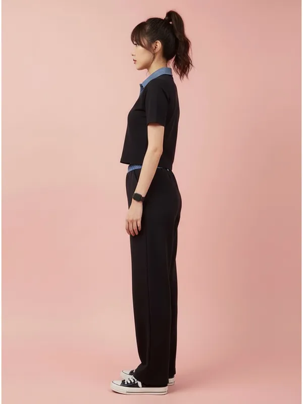 Black_Contrast_Polo_Co-Ord_Set_For_Women|_Model_Height_5.8inch_,_Fabric_All_Way_Stretchable