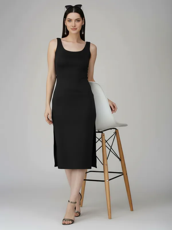 Black_Elegant_Sleeveless_Midi_Dress_With_Side_Cut-Outs_&_Slit_For_Women|_Model_Height_5.8inch_,_Fabric_All_Way_Stretchable