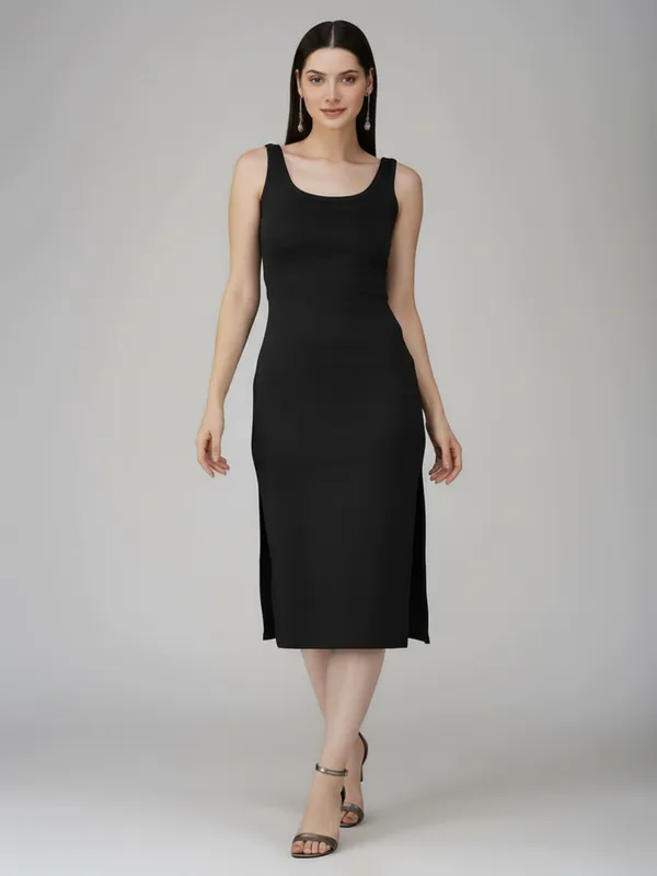Black_Elegant_Sleeveless_Midi_Dress_With_Side_Cut-Outs_&_Slit_For_Women|_Model_Height_5.8inch_,_Fabric_All_Way_Stretchable