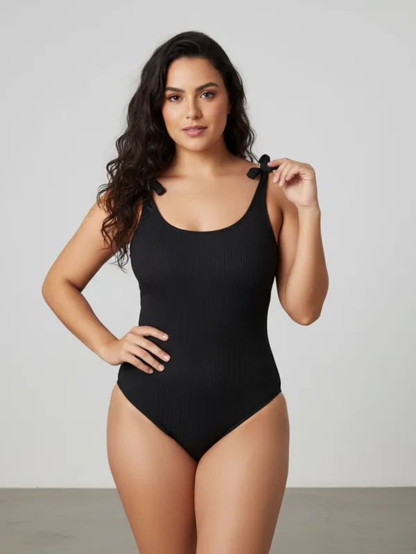 Black_Ribbed_Scoop_Neck_Bodysuit_With_Tie_Strap_For_Women|_Model_Height_5.8inch_,_Fabric_All_Way_Stretchable