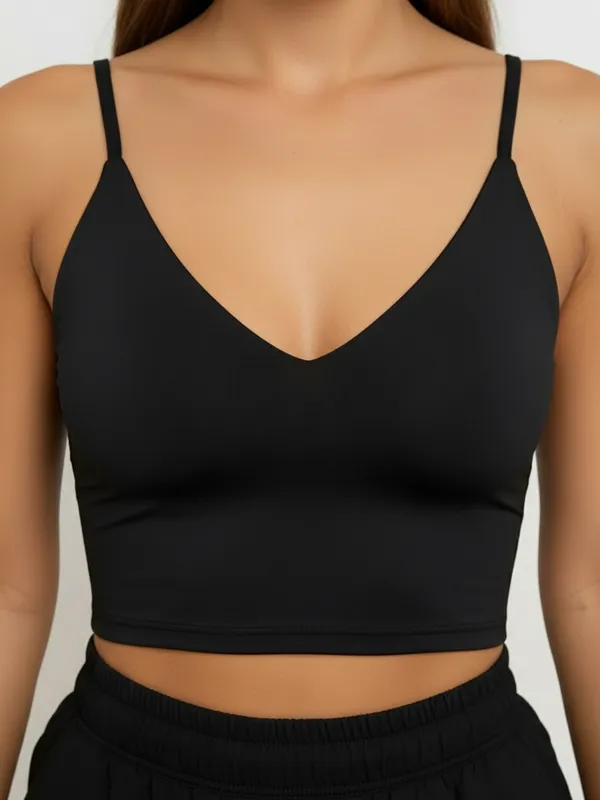 Ekeshwara_Women's_Black_Ribbed_V-Neck_Crop_Top_&_Black_Cargo_Jogger_Pants_Set|_Model_Height_5.8inch_,_Fabric_All_Way_Stretchable