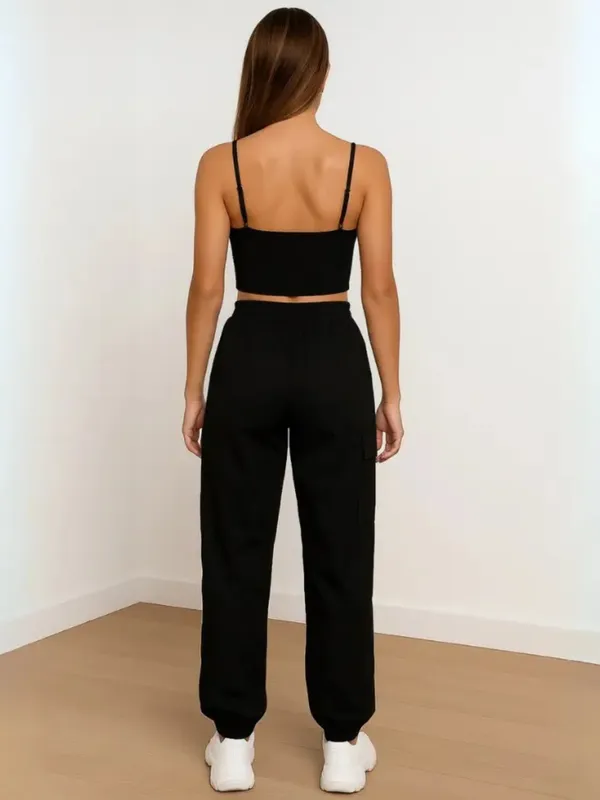 Ekeshwara_Women's_Black_Ribbed_V-Neck_Crop_Top_&_Black_Cargo_Jogger_Pants_Set|_Model_Height_5.8inch_,_Fabric_All_Way_Stretchable