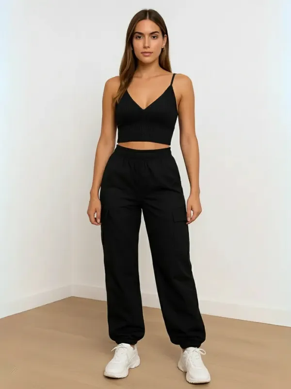 Ekeshwara_Women's_Black_Ribbed_V-Neck_Crop_Top_&_Black_Cargo_Jogger_Pants_Set|_Model_Height_5.8inch_,_Fabric_All_Way_Stretchable