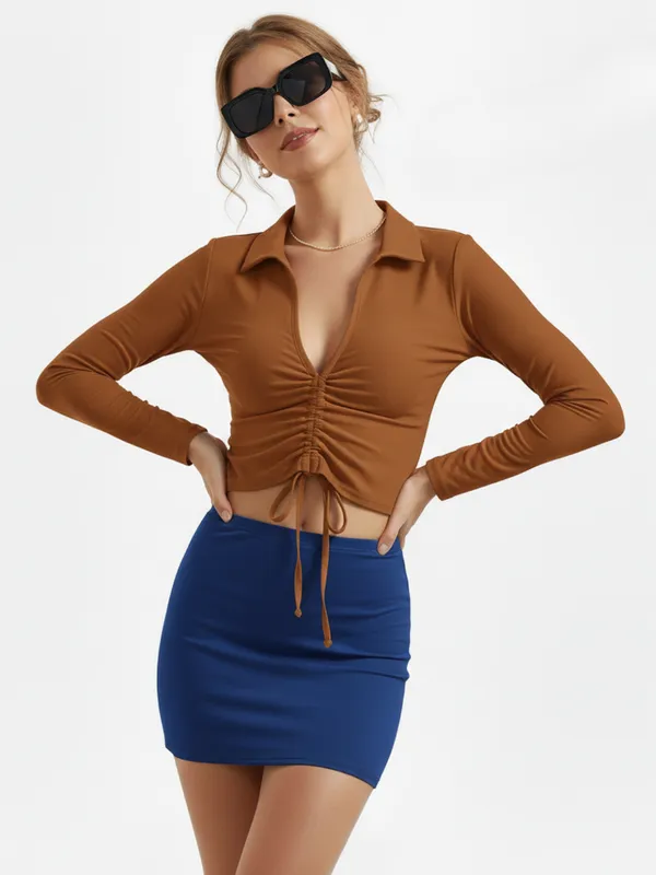 Brown_Collar_Ruched_Drawstring_Crop_Top_For_Women