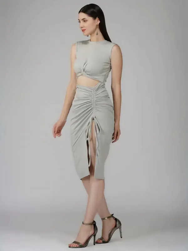 Grey_Bodycon_Cocktail_Party_Dress_For_Women|_Model_Height_5.8inch_,_Fabric_All_Way_Stretchable