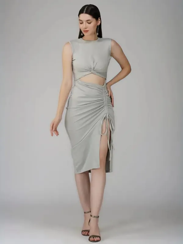 Grey_Bodycon_Cocktail_Party_Dress_For_Women|_Model_Height_5.8inch_,_Fabric_All_Way_Stretchable
