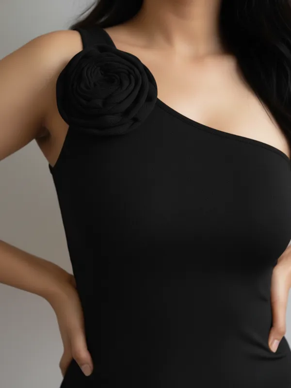 Black_One-Shoulder_Bodycon_Dress_With_Rose_Detail_And_Side_Slit_For_Women|_Model_Height_5.8inch_,_Fabric_All_Way_Stretchable