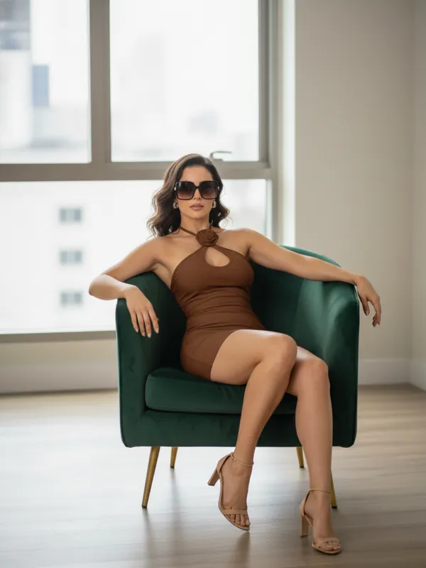 Brown_Modern_Halter_Neck_Bodycon_Mini_Dress_With_Floral_Neck_Detail_And_Slit_For_Women|_Model_Height_5.8inch_,_Fabric_All_Way_Stretchable