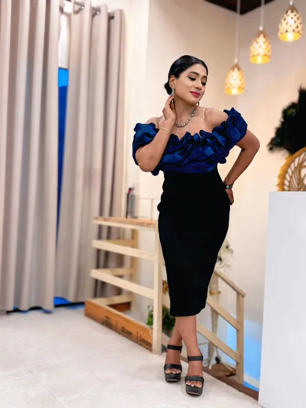 Ekeshwara_airforce_blue_colour_balloon_frill_style_off_shoulder_party_wear_dress_for_elegant_women|_Model_Height_5.8inch_,_Fabric_All_Way_Stretchable
