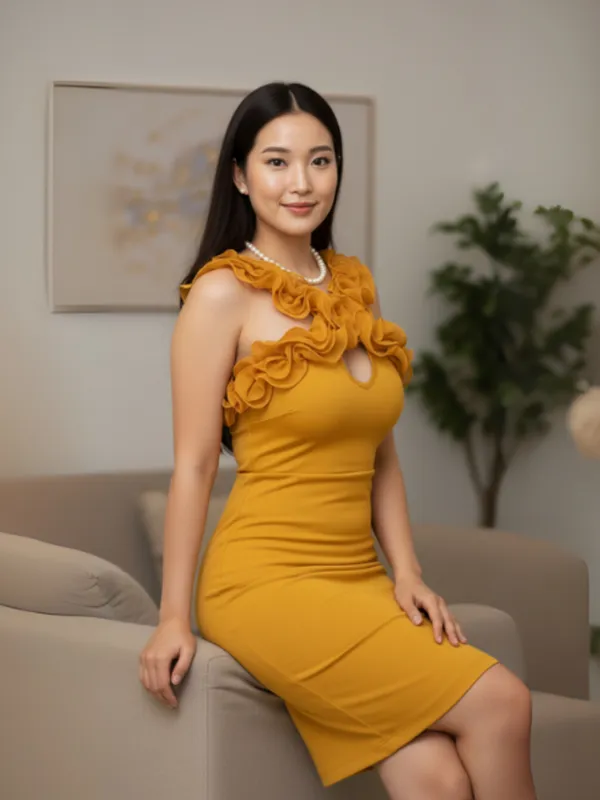 Mustard_Yellow_Ruffle_Neck_Bodycon_Maxi_Dress_For_Women|_Model_Height_5.8inch_,_Fabric_All_Way_Stretchable