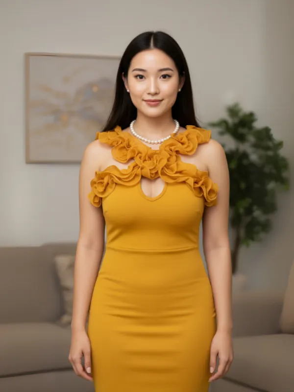 Mustard_Yellow_Ruffle_Neck_Bodycon_Maxi_Dress_For_Women|_Model_Height_5.8inch_,_Fabric_All_Way_Stretchable