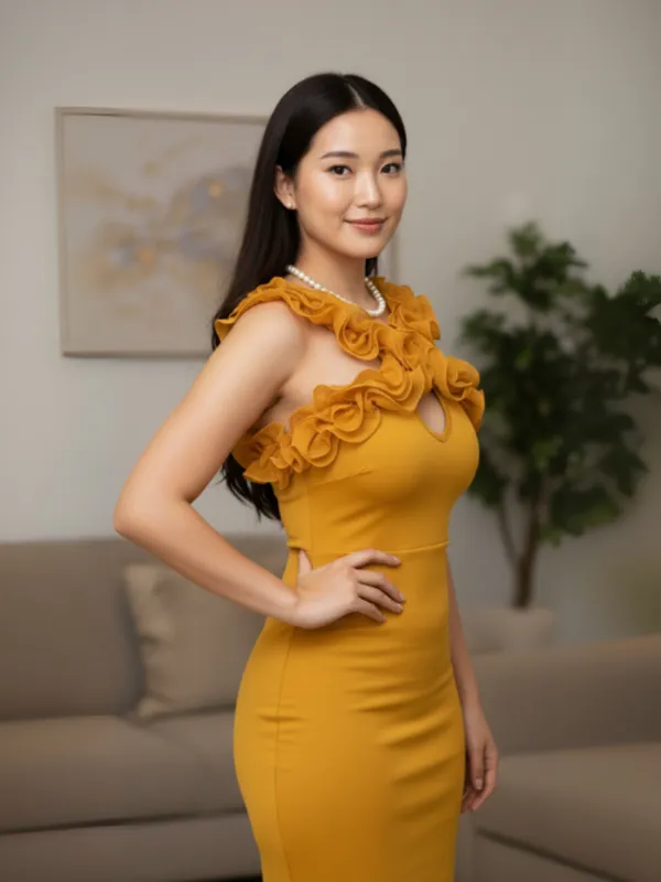 Mustard_Yellow_Ruffle_Neck_Bodycon_Maxi_Dress_For_Women|_Model_Height_5.8inch_,_Fabric_All_Way_Stretchable