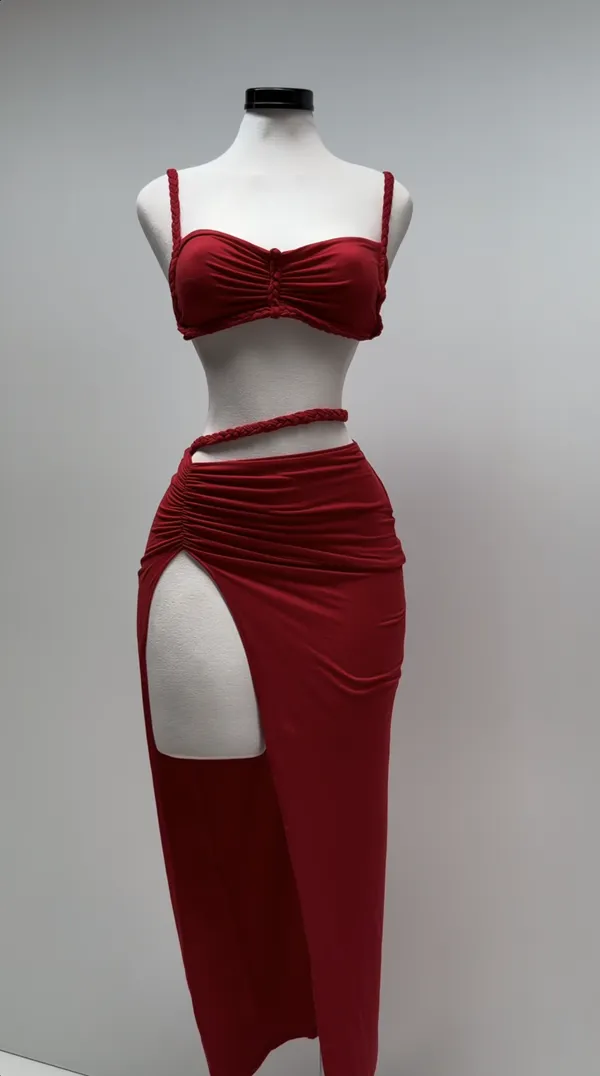 Ekeshwara_Red_Bodycon_Midi_Dress_with_Dramatic_Floral_Applique|_Model_Height_5.8inch_,_Fabric_All_Way_Stretchable