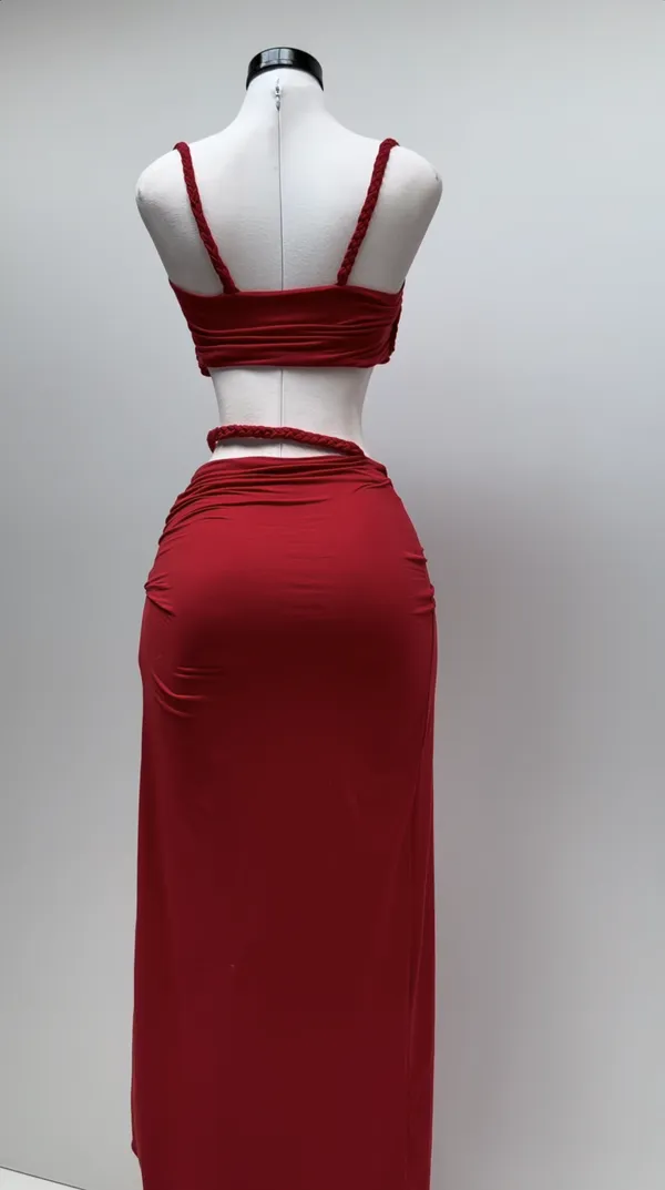 Ekeshwara_Red_Bodycon_Midi_Dress_with_Dramatic_Floral_Applique|_Model_Height_5.8inch_,_Fabric_All_Way_Stretchable
