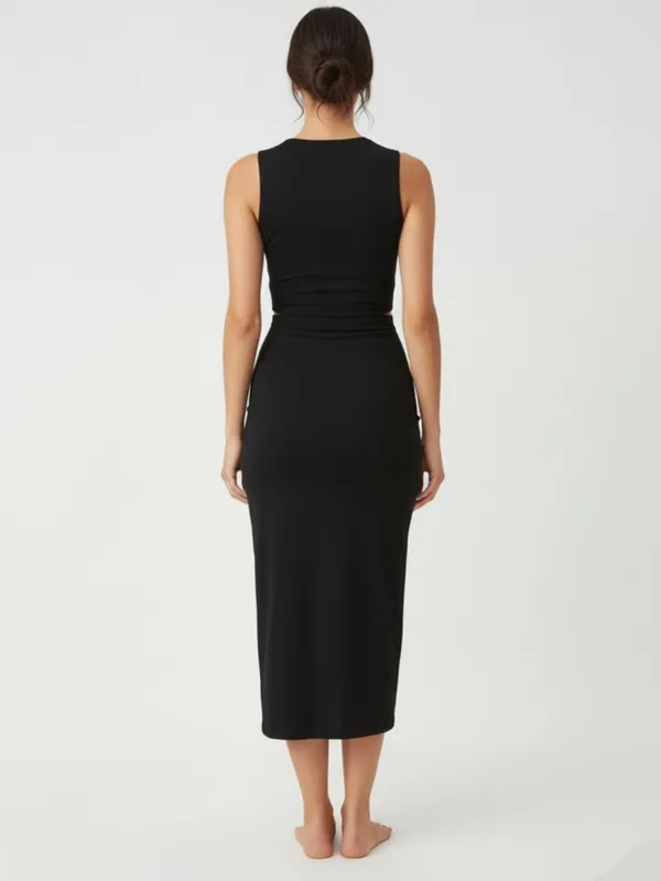 Black_Sleek_Ruched_Cutout_Maxi_Dress_For_Women|_Model_Height_5.8inch_,_Fabric_All_Way_Stretchable