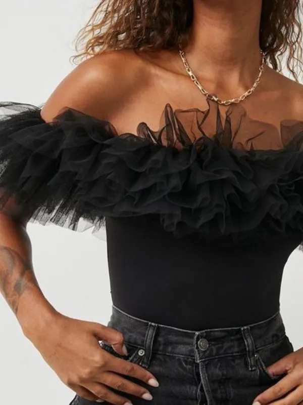 Black_Net_Frill_Swimwear_Bodysuit_For_Women|_Model_Height_5.8inch_,_Fabric_All_Way_Stretchable
