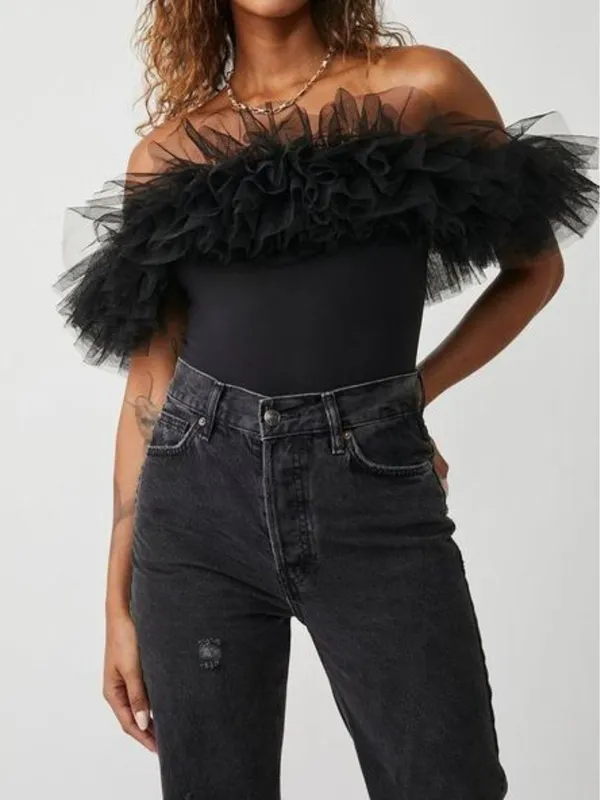 Black_Net_Frill_Swimwear_Bodysuit_For_Women|_Model_Height_5.8inch_,_Fabric_All_Way_Stretchable